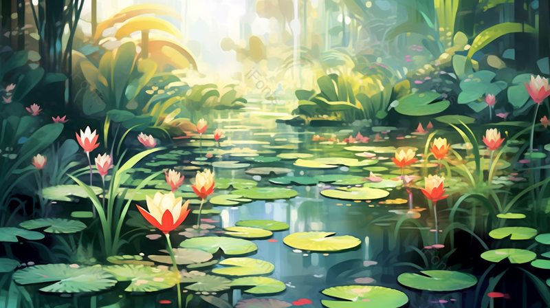 阳光下荷叶荷花唯美绿色插画背景,插画/手绘图,插画/手绘图库,插画/手绘图下载,插画/手绘